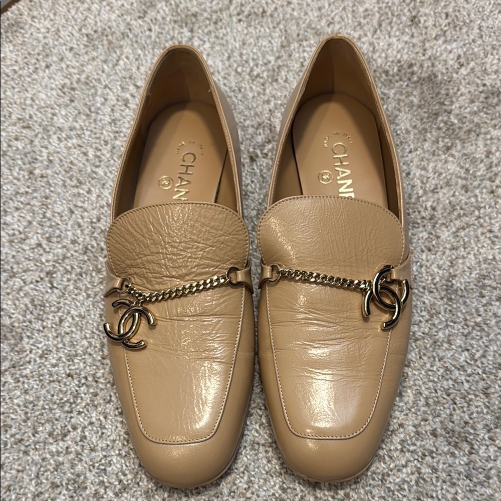 CHANEL Tan Loafers with Gold Chain Detail